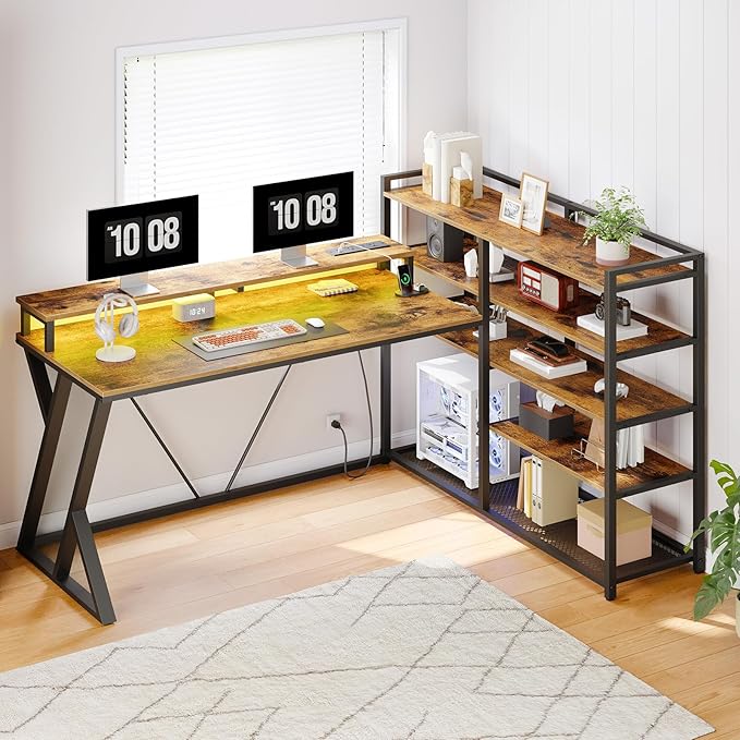 Reversible L Shaped Gaming Desk with Shelves, 52'' L Shaped Computer Desk with Power Outlet and LED Light, Corner Desk with Storage Shelf and Monitor Stand, for Home Office, Rustic Brown