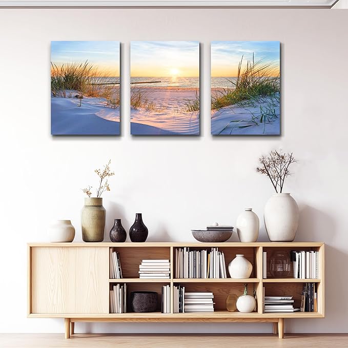 MHARTK66 Wall Decor For Living Room Canvas Wall Art For Bedroom Modern Office Pictures Wall Artwork Blue Sun Beach Grass Ocean Landscape Paintings Canvas Art Prints Home Decorations 3 piece