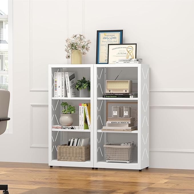 3 Tier Bookshelf, 34"Tall Metal Bookcase with Adjustable Shelves, Modern Display Book Shelf, White Bookcase Shelf, Utility Shelf, Storage Shelves for Office, Living Room, Kitchen, Study-16"W
