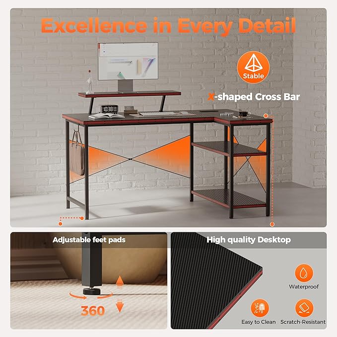 Mericonia Small L Shaped Computer Desk with Power Outlets, Reversible Gaming Desk with Storage Shelves & Monitor Stand, Corner Gamer Desk Table, Study Writing Table