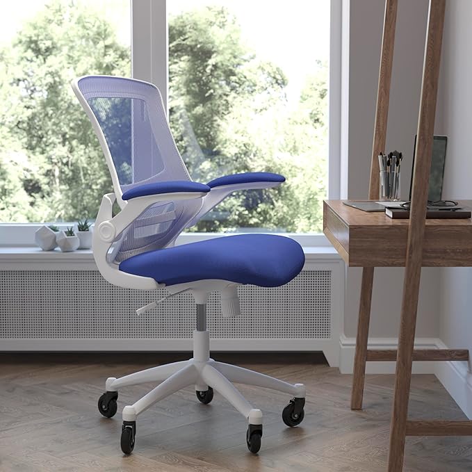 Flash Furniture Kelista Mid-Back Blue Mesh Swivel Ergonomic Task Office Chair with White Frame, Flip-Up Arms, and Transparent Roller Wheels