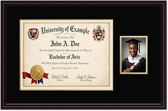 CountryArtHouse Fits 17 x 13 International Diploma and 5 x 7 Photo Diploma and Photo Frame Executive Brown Genuine Hardwood with Black Over Metallic Gold Double mat