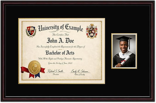 CountryArtHouse Fits 17 x 13 International Diploma and 5 x 7 Photo Diploma and Photo Frame Executive Brown Genuine Hardwood with Black Over Metallic Gold Double mat