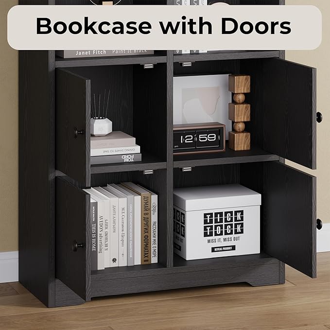 IRONCK Bookshelf with Doors, Book Shelf with Storage Shelves, 74.6 in Tall Bookcase for Home Office, Living Room, Bedroom, Black