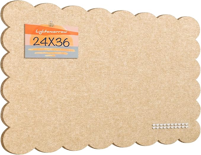 Scalloped Bulletin Board, 36 x 24 Inches Felt Pin Board - Decorative Cork Alternative for Wall, Foldable Picture Self-Adhesive Vision Prayer Board with 20 Pushpins - Beige Brown