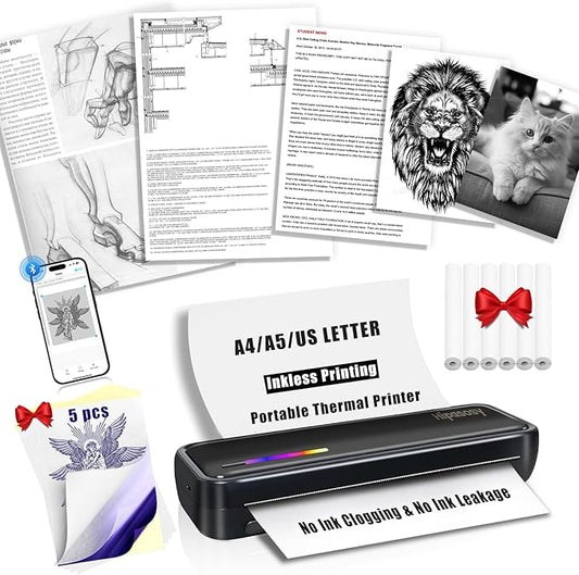 Portable Thermal Wireless Printers for Home Use, Inkless-Bluetooth-Printer Support for A4 Size Compatible with iOS, Android & Laptop for Tattoo,Travel,Office（Black with 6Rolls Thermal Paper）