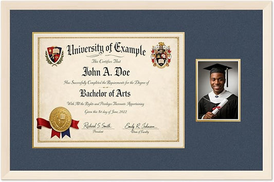 CountryArtHouse Fits 17 x 13 International Diploma and 5 x 7 Photo Diploma and Photo Frame Coastal Whitewash Genuine Hardwood with Navy Blue Over Metallic Gold Double mat