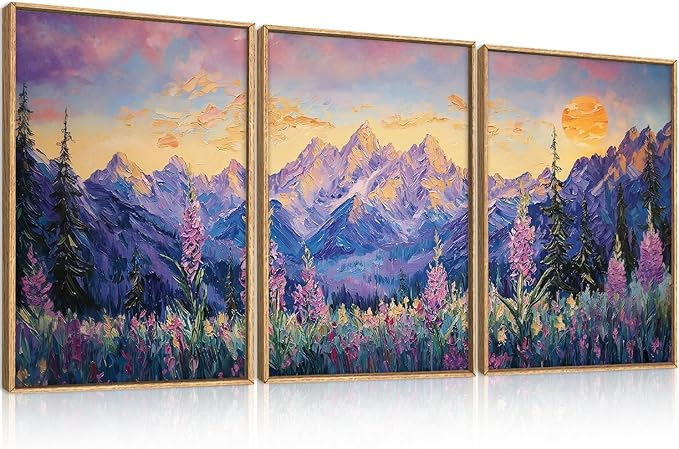 HOURIA Vintage Purple Mountain Landscape Framed Canvas Wall Art Set,Watercolor Boho Floral Tree Wall Decor,Modern Natural Soft Sunlight Field Artwork for Living Room, Bedroom,Farmhouse-16 x24 x3