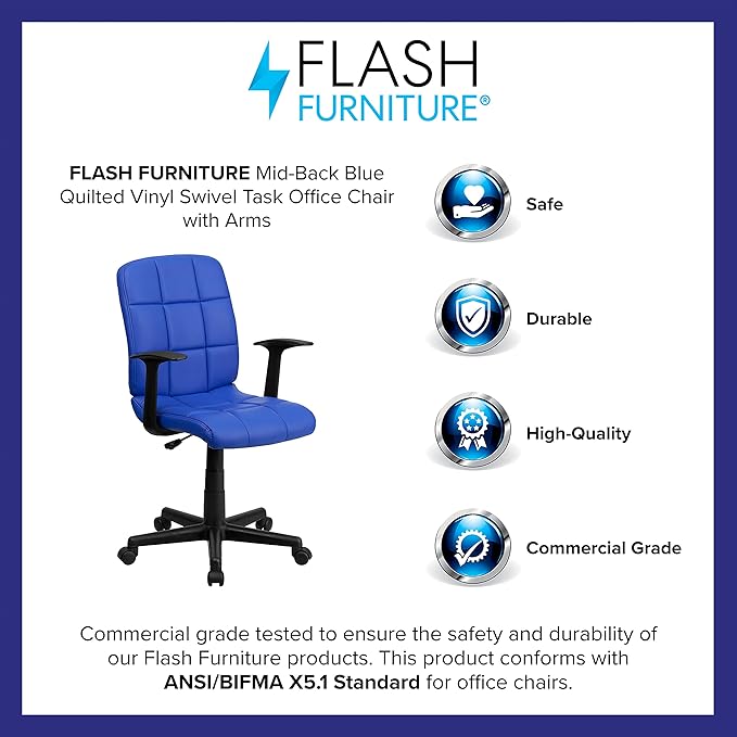 Flash Furniture Clayton Mid-Back Blue Quilted Vinyl Swivel Task Office Chair with Arms