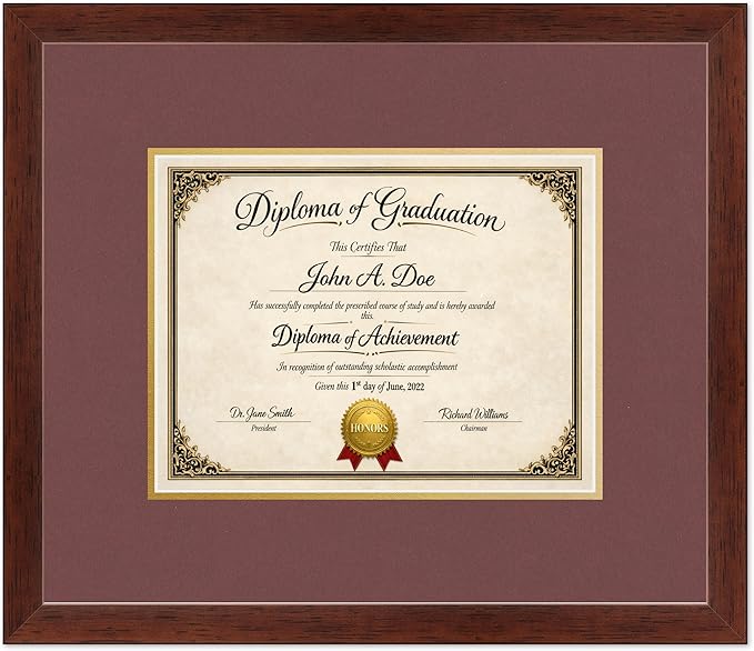 Diploma Frame Rustic Walnut with Dark Red Over Gold Double Mat - Fits 11 x 8.5 US Letter Certificate Wall Display Made in the USA