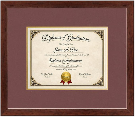 Diploma Frame Rustic Walnut with Dark Red Over Gold Double Mat - Fits 11 x 8.5 US Letter Certificate Wall Display Made in the USA
