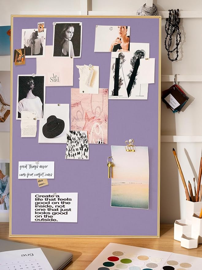 Bulletin Board 40 x 30 inches, Mystic Violet Pin Board, Golden Aluminum Framed Fabric Cork Board with 10 Push Pins