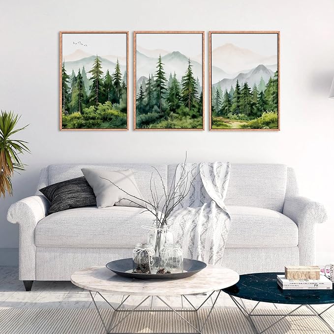 Ausril Watercolor Mountain Range Framed Canvas Wall Art Set, Green Forest Tree Wall Decor, Woodland Nursery Wall Painting, Modern Wilderness Art Print for Living Room, Bedroom, Office 24"x36"x3