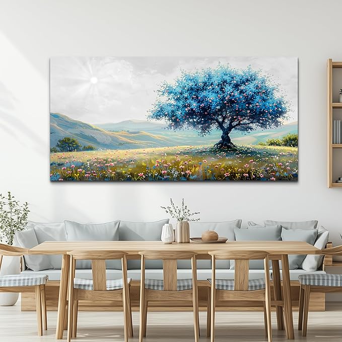 FUHAIHUA Canvas Wall Art For Living Room Large Wall Decor For Office Bedroom Decorations Pastoral Landscape Pictures Blue Tree Painting Artwork Modern Room Wall Mural Aesthetic Home Decor 30x60 In