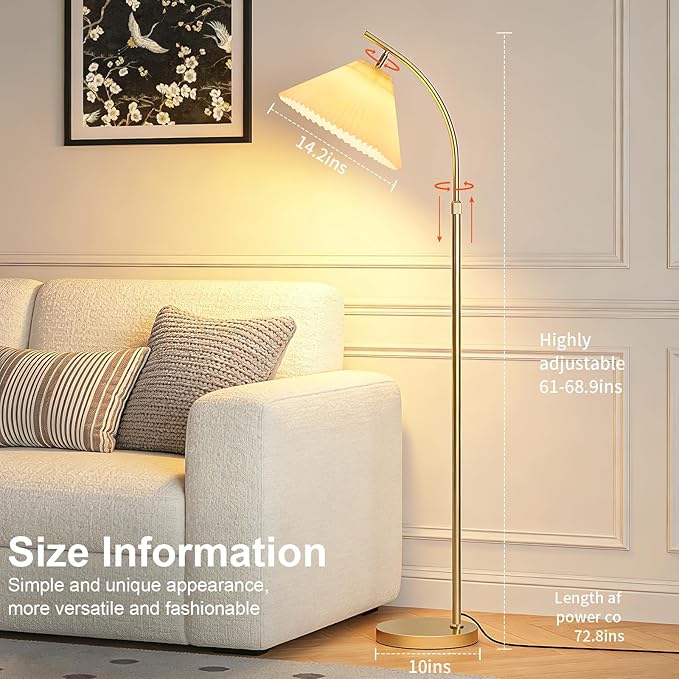 Adjustable Floor Lamp for Living Room, 61"-68" Tall Standing Lamp with Pleated Shade, Modern Gold Floor Lamp with 9W LED Dimmable 3-Color (3000K/4500K/6000K), Reading Corner Lamp for Bedroom Office