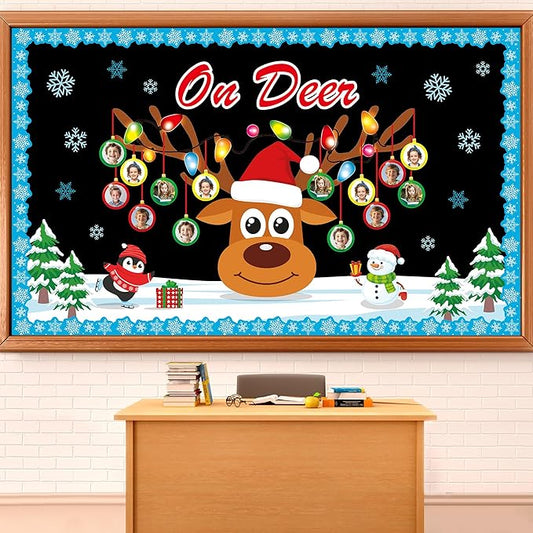 Christmas Reindeer Bulletin Board Set Winter Deer Bulb Classroom Decoration Xmas Large Elk DIY Photo Crafts Cutouts Snowflakes Bulletin Board Border for Holiday Party Classroom Wall Decor