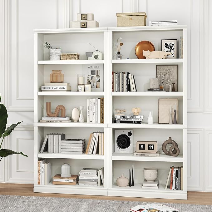 blini White Bookshelf and Bookcase Double Wide Large Bookshelves Wooden 5 Tier Tall Bookshelf with Storage Cabinets for Living Room, Home Office, Library (White, 5-Shelf)