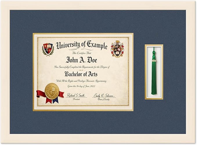 CountryArtHouse Diploma and Tassel Frame Fits 11 x 8.5 US Letter Certificate with Ta Coastal Whitewash Genuine Hardwood Shadowbox with Navy Blue Over Metallic Gold Double mat