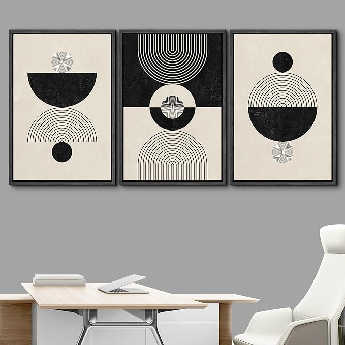 IDEA4WALL Framed Canvas Print Wall Art Set Geometric Black Tan Stripe Polygon Landscape Abstract Shapes Illustrations Modern Art Decorative Nordic for Living Room, Bedroom, Office - 16"x24"x3 Black
