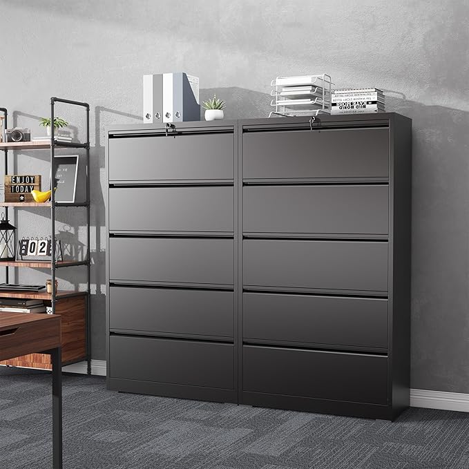 5 Drawer File Cabinet with Lock, Lateral Filing Cabinets,Metal Storage Filing Cabinets for Home Office, Heavy Duty File Cabinet for Letter/Legal/A4/F4 Size Amsseble Required, Black
