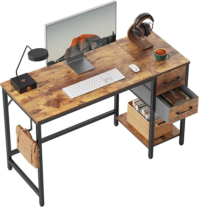 CubiCubi Computer Desk with 2 Drawers, 47 Inch Small Home Office Desk Study Writing Table, Rustic Brown