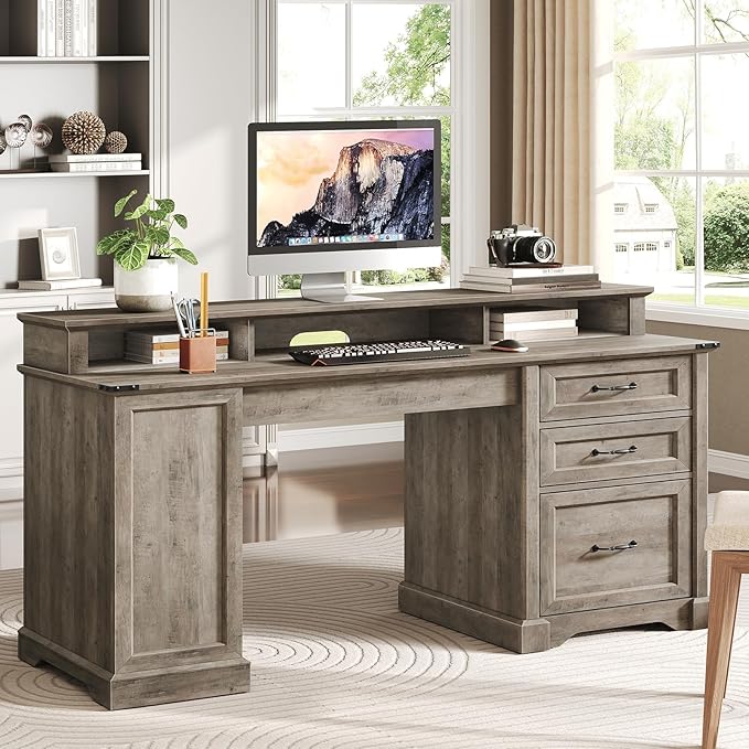 2 Pack 55'' Farmhouse Executive Desk with Drawers, Computer Desk with File Cabinet and Side Bookshelf, Writing Gaming Desk with Monitor Stand, Greige