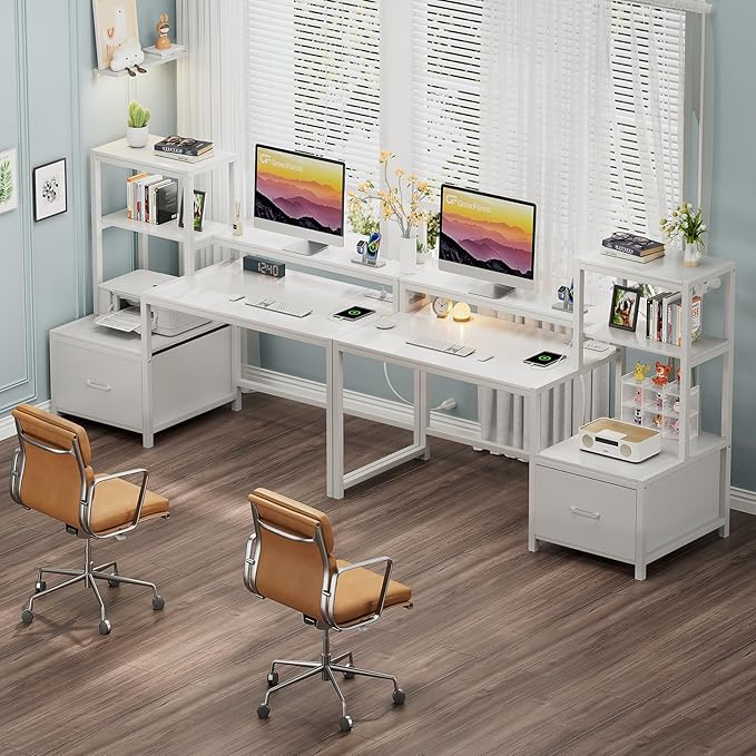GreenForest Computer Desk with Drawers and Monitor Stand, Home Office Desk with Storage Shelves, Small Gaming Desk with Power Outlets and LED Lights for Study Writing Working, 51 inch White