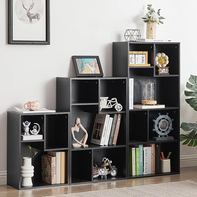 VECELO 3-Cube Small Bookshelf, Modern Bookcases with Shelves Height Up to 12.8 Inches, Suit for Common Size Textbook, Vertical or Horizontal, Cubby Storage Organizer,Vintage Black