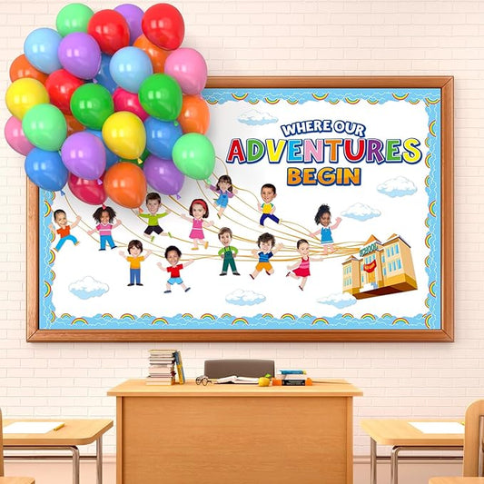 3D Colorful Balloon Bulletin Board Set Adventure Balloon Cloud Classroom Decoration DIY Photo Cutouts Borders Motivational Where Our Adventure Begins Bulletin Board Classroom Wall Party Supplies Decor