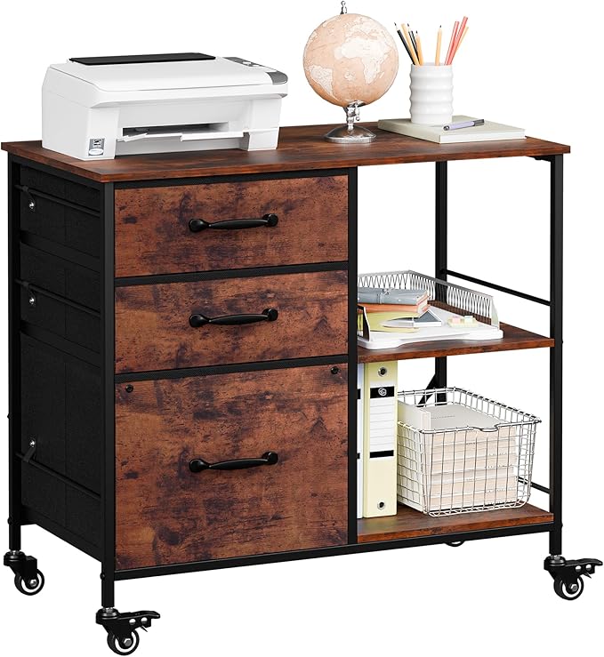 JungleA 3 Drawer Mobile File Cabinet, with 3 Fabric Drawers and 2 Shelves, Mobile Storage Organizer Cart for Office, Study Room, Library, Burnt Texture