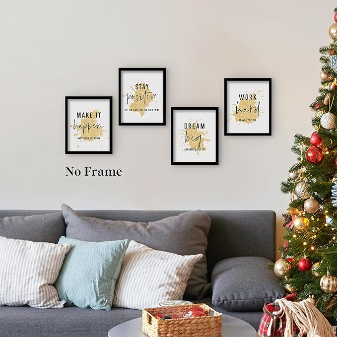 QLMX Gold Office Inspirational Wall Art Prints Set of 4, Motivational Gold Prints Wall Decor for Office Women Men, Positive Quotes Poster for Home 8”x10” Unframed