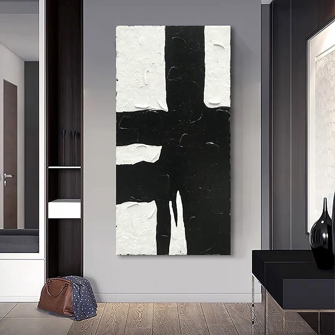 NANKAI Art Minimalist black and white oil painting is suitable for large abstract wall decorations in modern living rooms. 48x24 inches. Modern oil painting art