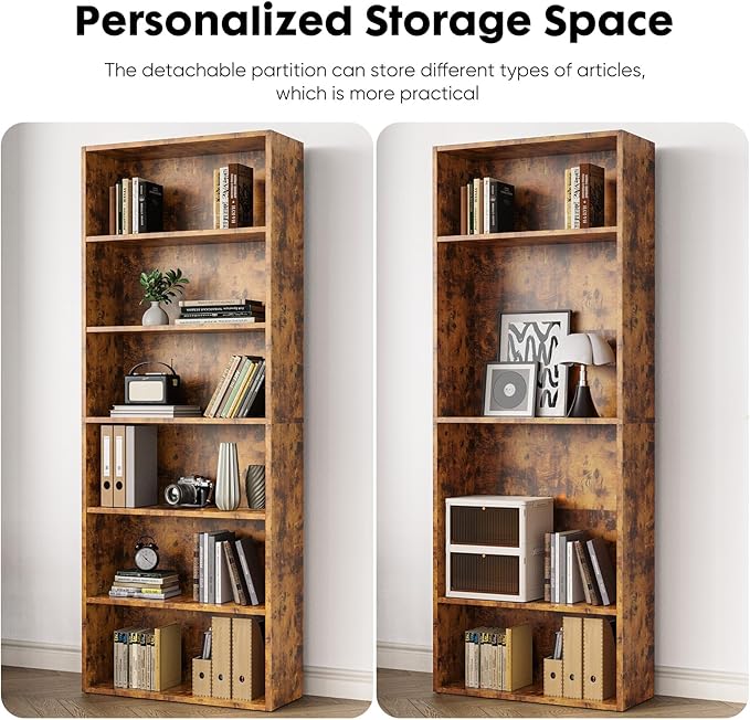 Book Shelf, 6-Tier Bookcase with Adjustable Shelves, Open Storage Shelves for Organization, 23.82 x 9.25 x 63, for Bedroom, Living Room, Home, Office, Rustic Brown