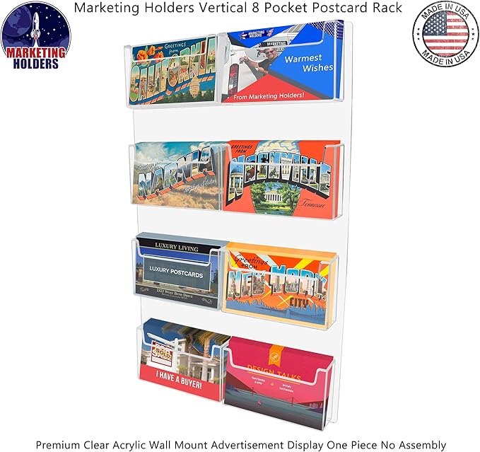 Marketing Holders Post Card Holder Acrylic 8 Pocket Holds 6" Printed Media Hanging Hardware Included Use at Shops Motels Airports and Transportation Centers Historical Sites Retail Stores Clear