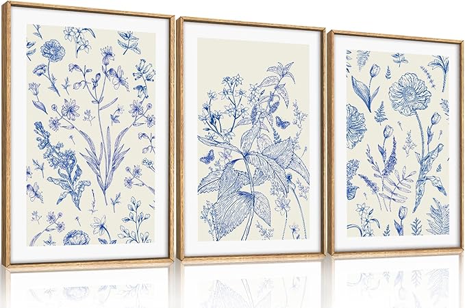 KAIRNE Blue and White Floral Wall Art Set of 3, Chinoiserie Framed Canvas Art Prints, Navy Watercolor Botanical Flower Painting, Wildflower Decor for Living Room, Bedroom, Bathroom, Home - 16x24 Inch