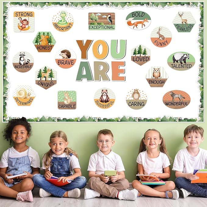 gisgfim Woodland Animals Inspirational Bulletin Board Decorations Set Jungle Safari Animal Motivational Paper Cutouts Woodland Animal Positive Bulletin Board Decor for Teacher School Chalkboard Wall