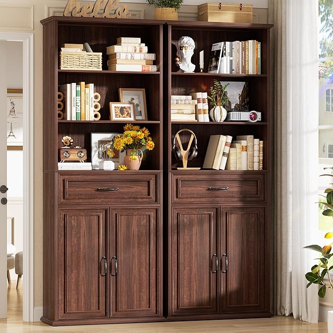 Cyclysio 80" Tall Bookcase Set of 2, Farmhouse 2 Set Bookshelves with Drawer and Doors, Floor Standing 6 Shelf Display Storage Cabinet for Home Office, Living Room (2, Black Walnut)