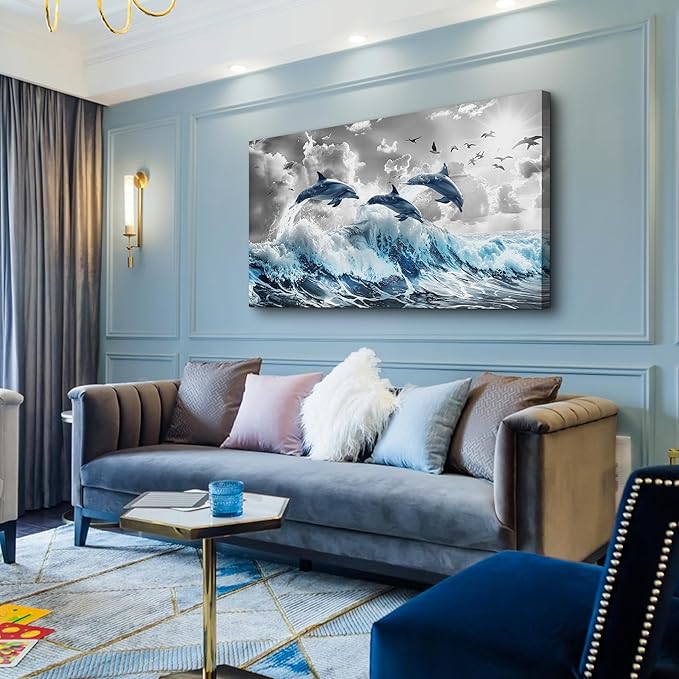 Wapluam Large Wall Decor For Living Room Framed Canvas Wall Art For Bedroom Blue Waves Of The Sea Wall Pictures Artwork Fashion Office Canvas Art Prints Dolphins Seascape Paintings Home Decoration