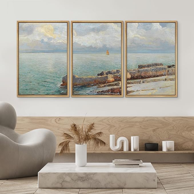 SIGNWIN Framed Canvas Print Wall Art Set Coastal Seascape Classic Ocean View with Sailboat and Rocky Shoreline Illustrations Modern Art Decorative for Living Room, Bedroom, Office - 16"x24"x3 Natural