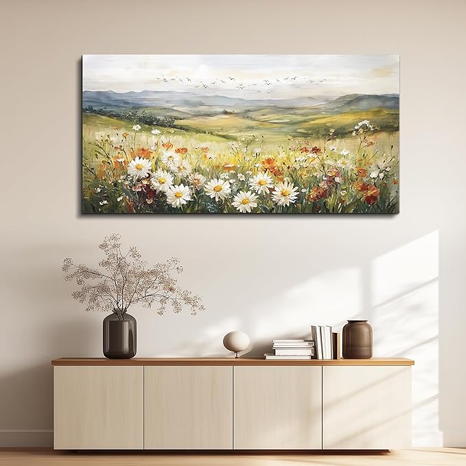 FUHAIHUA Canvas Wall Art For Living Room Large Framed Wall Decor For Bedroom Modern Office Wall Decorations Prairie Flowers Landscape Painting Farmhouse Pictures Artwork Home Decor 20" x 40"
