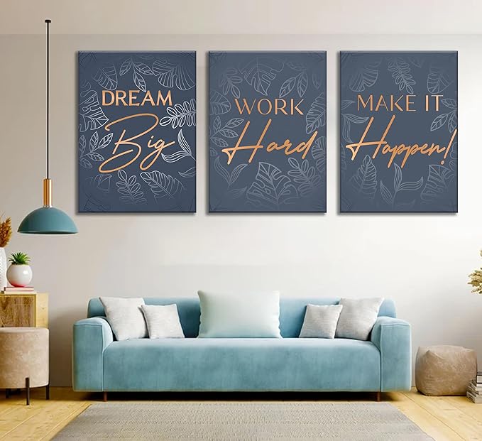 3Pcs Blue Gold Inspirational Office Canvas Wall Art Inspiring Motivational Positive Quote Botanical Paintings Pictures Wall Decor Posters Print Artwork for School Bedroom Living Room Home Decoration