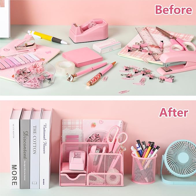 Fayoo 11 Pcs Pink Office Supplies Set Mesh Desk Organizer Accessories Kit include Stapler Tape Dispenser Staple Remover Clips Ruler Scissors Sticky Notes for Office School Home Women (Pink)