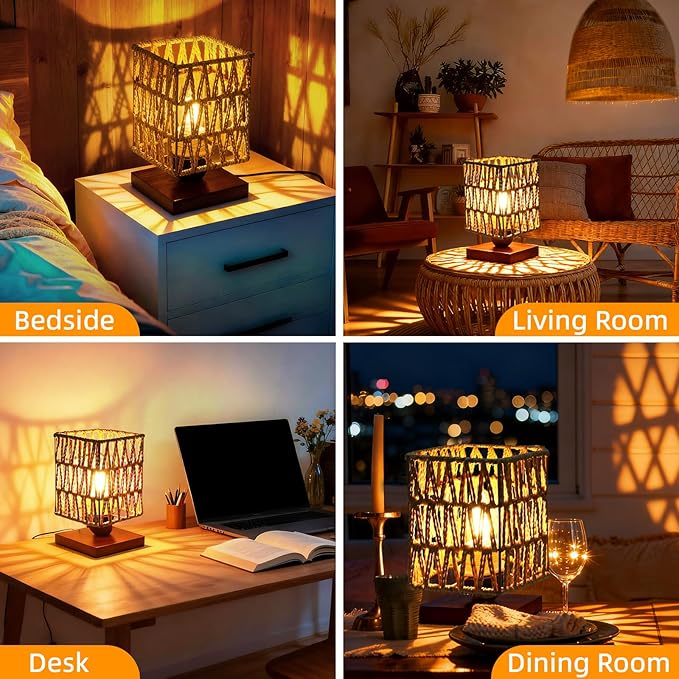 Rattan Table Lamp, Boho Bedside Lamp Vintage Wooden Nightstand Nightlight, Rustic Bamboo Woven End Table Lamps, Handmade Woven Desk Lamp, Christmas Decor for Bedroom, Living, Room Study, Kids Room