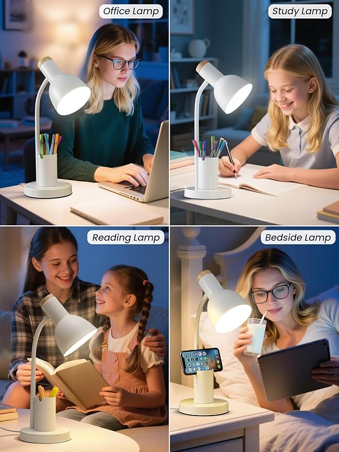 LED Desk Lamp for Home Office, Table Lamp with Pen Holder, 3 Color Modes Reading Light, Eye-Caring Desk Light with Gooseneck, Study Lamp for Kids Bedside Room College Dorm Essentials(White lamp)