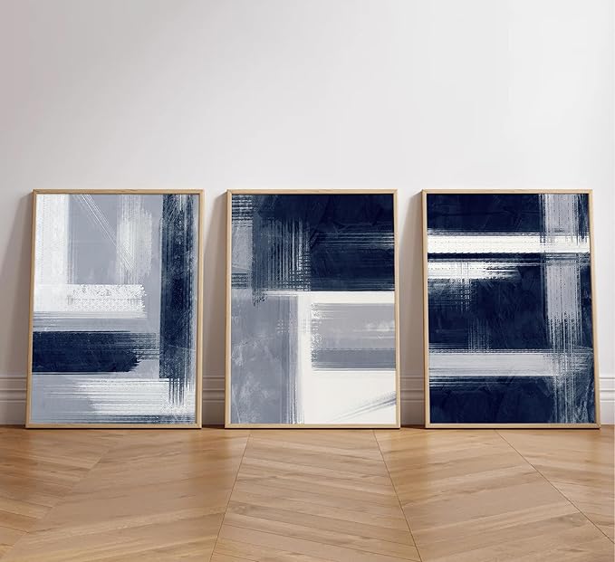 Wavkkey 3Pcs Navy Blue Abstract Wall Art Blue Grey Neutral Modern Geometric Abstract Painting Poster Wall Decor Canvas Print Artwork for Living Room Bedroom Office Home Decoration Unframed