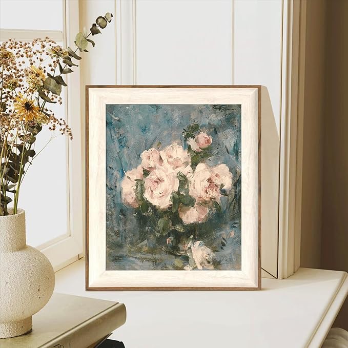 ASTRDECOR Framed Vintage Wall Art for Living Room, Vintage Floral Home Decor Aesthetic, Victorian Pink Rose Bouquet Oil Painting Blue Canvas Wall Art Prints, Antique Flower Pictures Blue Artwork for Living Room-10''x12''