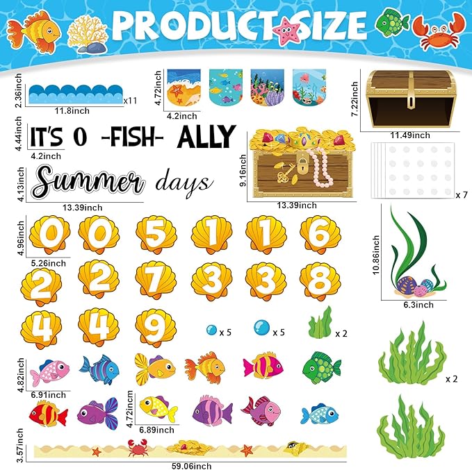 Summer Ocean Count Down Bulletin Board Decorations O-Fish-Ally Summer Days Paper Cutouts End of Year Tropical Marine Fish Bulletin Board Set for Classroom School Home Wall Decor Supplies