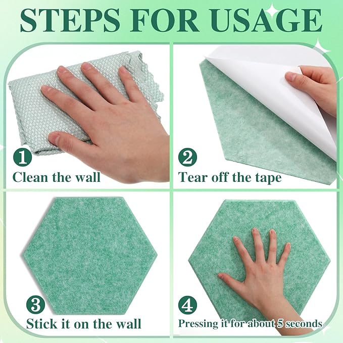 8 Pcs 12" Large Hexagon Felt Cork Bulletin Board Tiles Self Adhesive DIY Pin Board with 50 Push Pins and 10 Colored Clips, Wall Decor for Office Home Kitchen Photos Memos(Green)