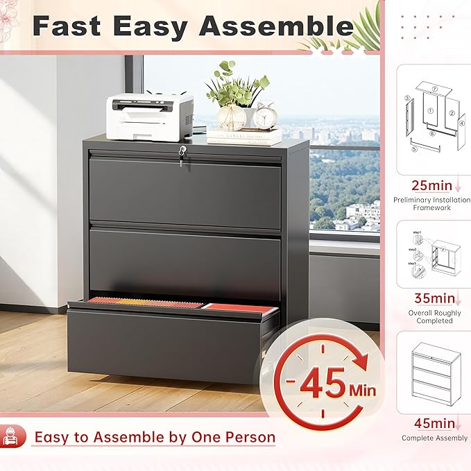 Superday Lateral File Cabinet 3 Drawer Metal File Cabinet with Lock, Black Filing Cabinets for Home Office, Locking Filing Cabinets Hanging Files Letter/Legal/F4/A4