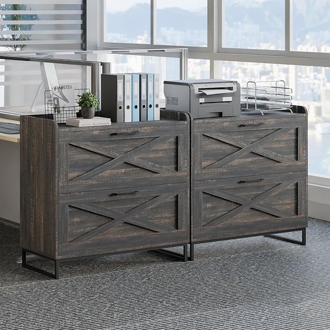 2 Drawer Lateral File Cabinet, Filing Cabinet with Charging Station for Letter/Legal/A4 Size Hanging Files, Modern Farmhouse File Cabinet for Home Office, Printer Stand with Storage, Dark Rustic Oak